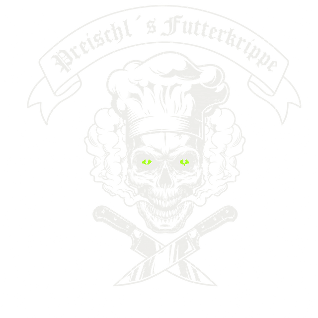 Logo von Preischl's Futterkrippe — Totenkopf mit Kochmütze und gekreuzten Messern
